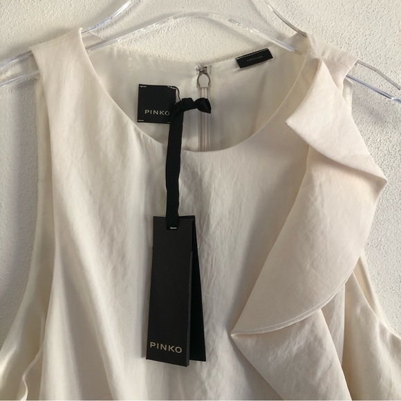 Pinko Dress BEBYBLADE Abito White Crepe Ruffle Sheath US -10 - Picture 15 of 16